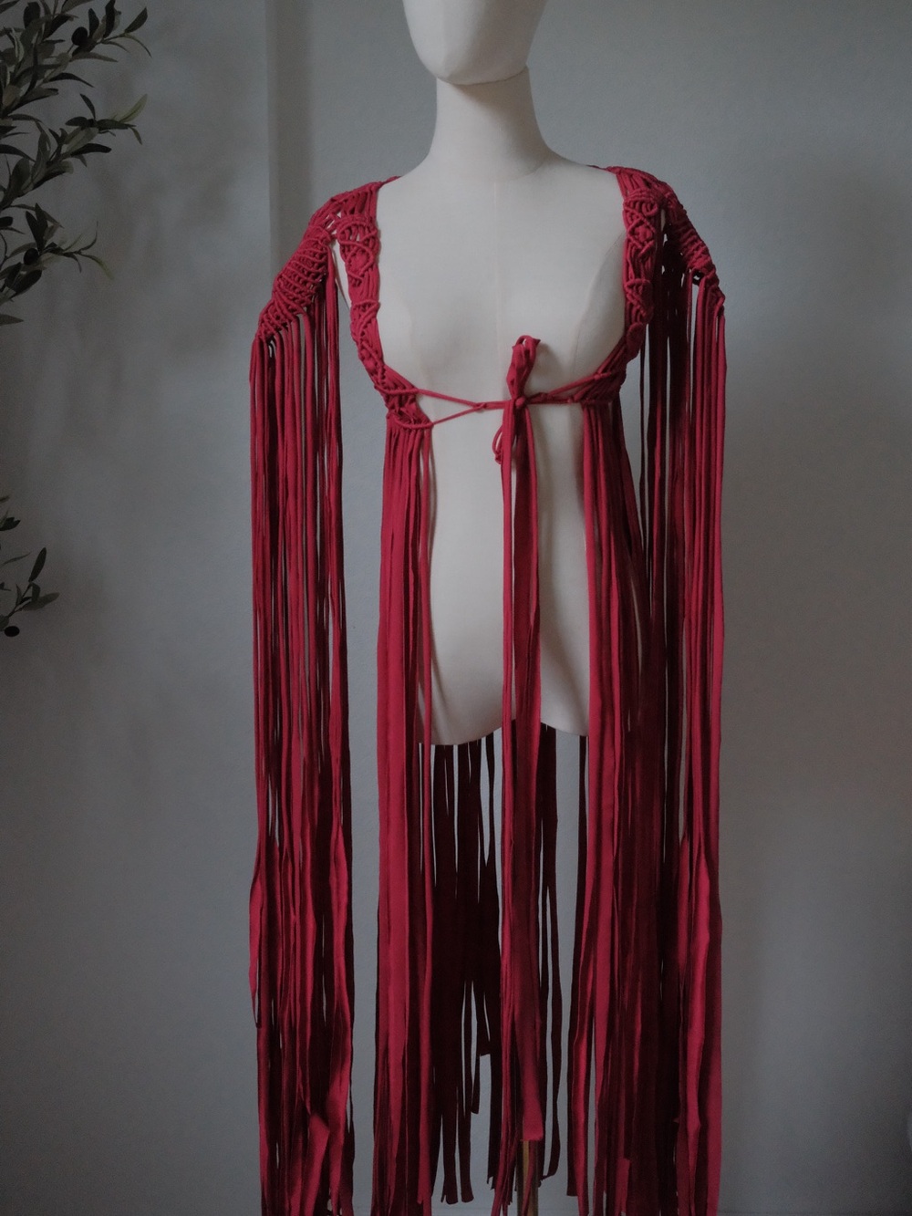 Raspberry Fringe Tie-Front Macrame Wrap